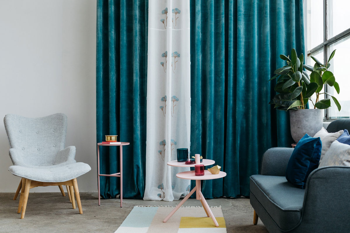 Castellano blue colored fabric curtain