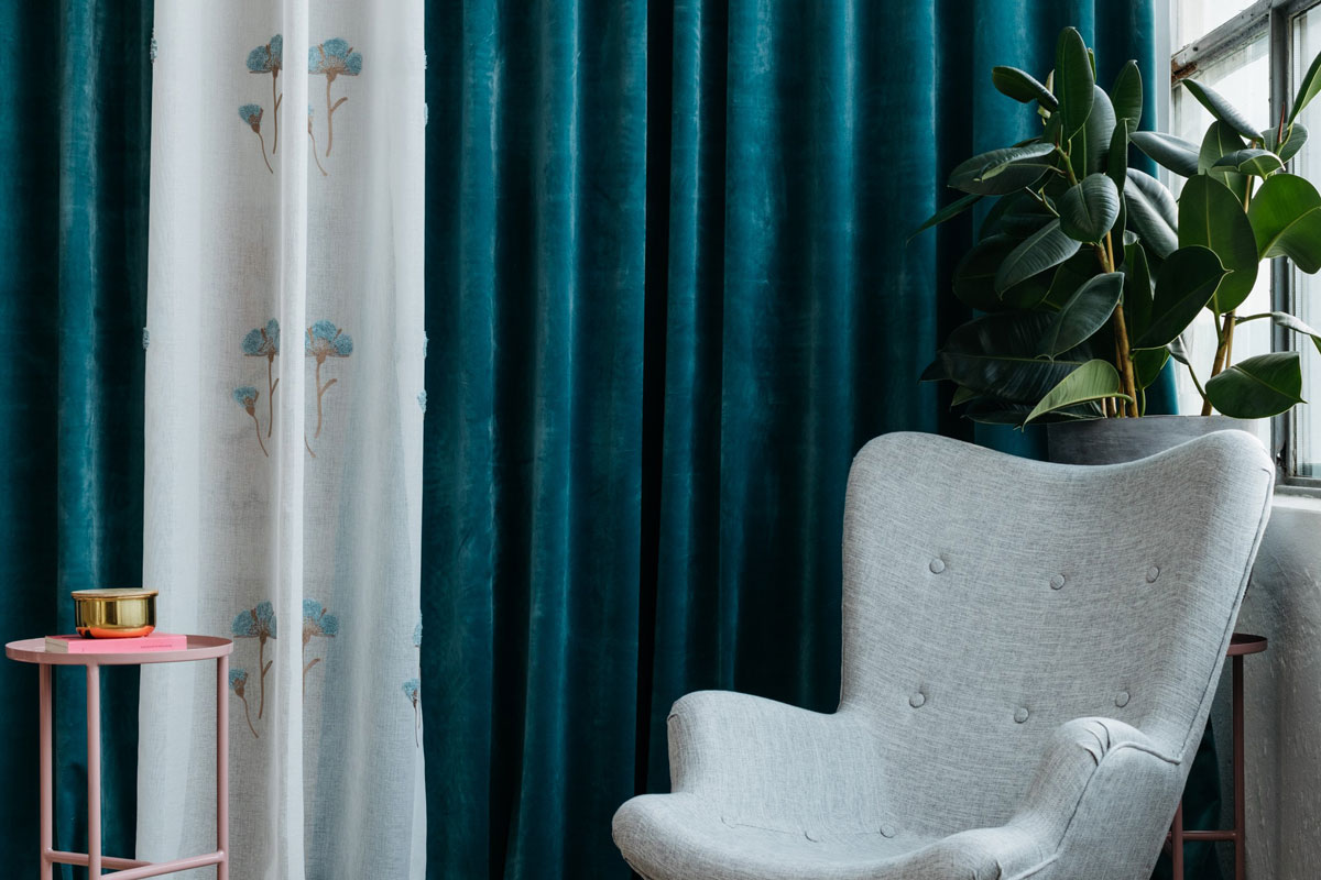 Castellano blue colored fabric curtain