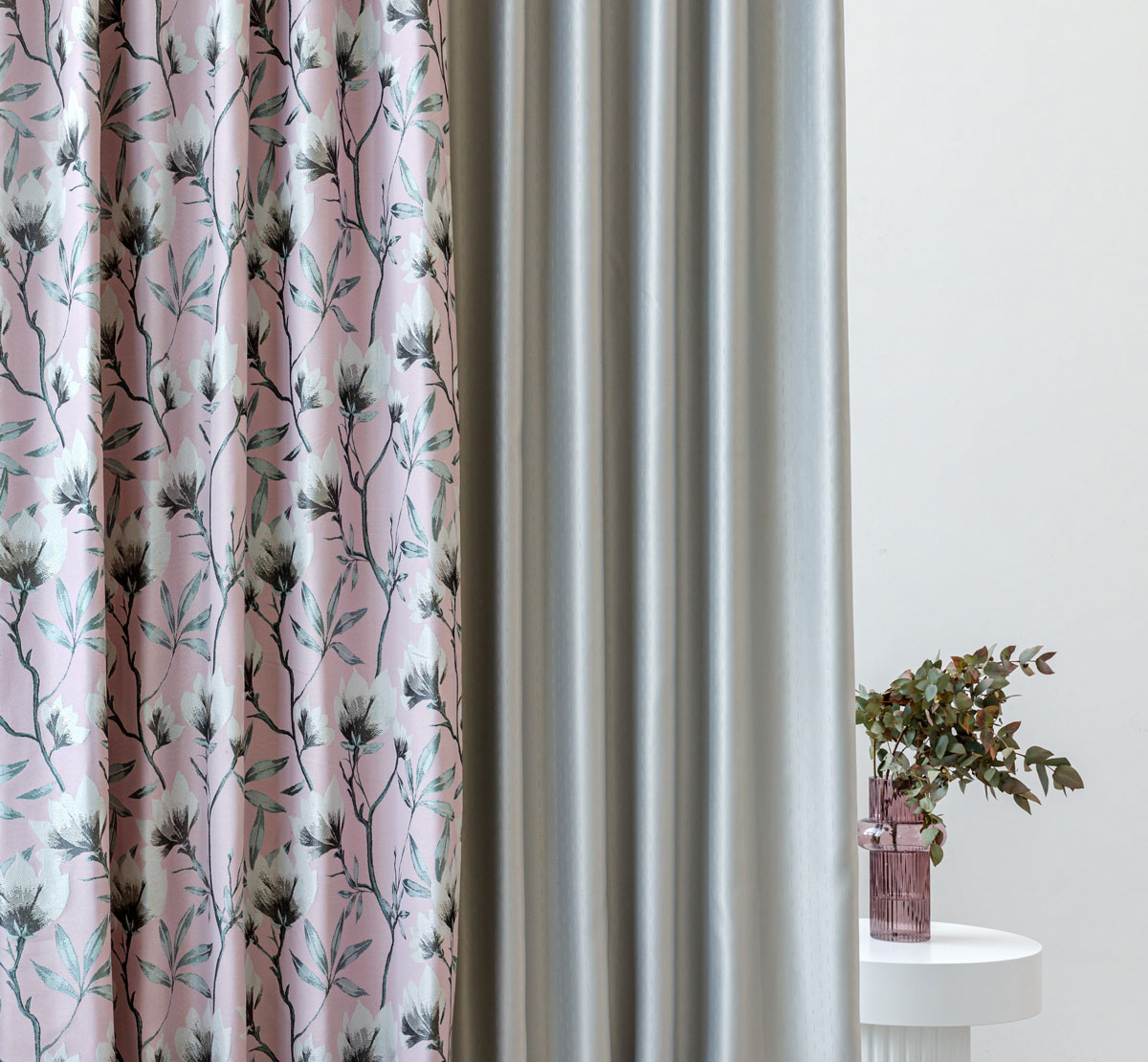 Cubano Pink colored fabric with flower pattern curtain
