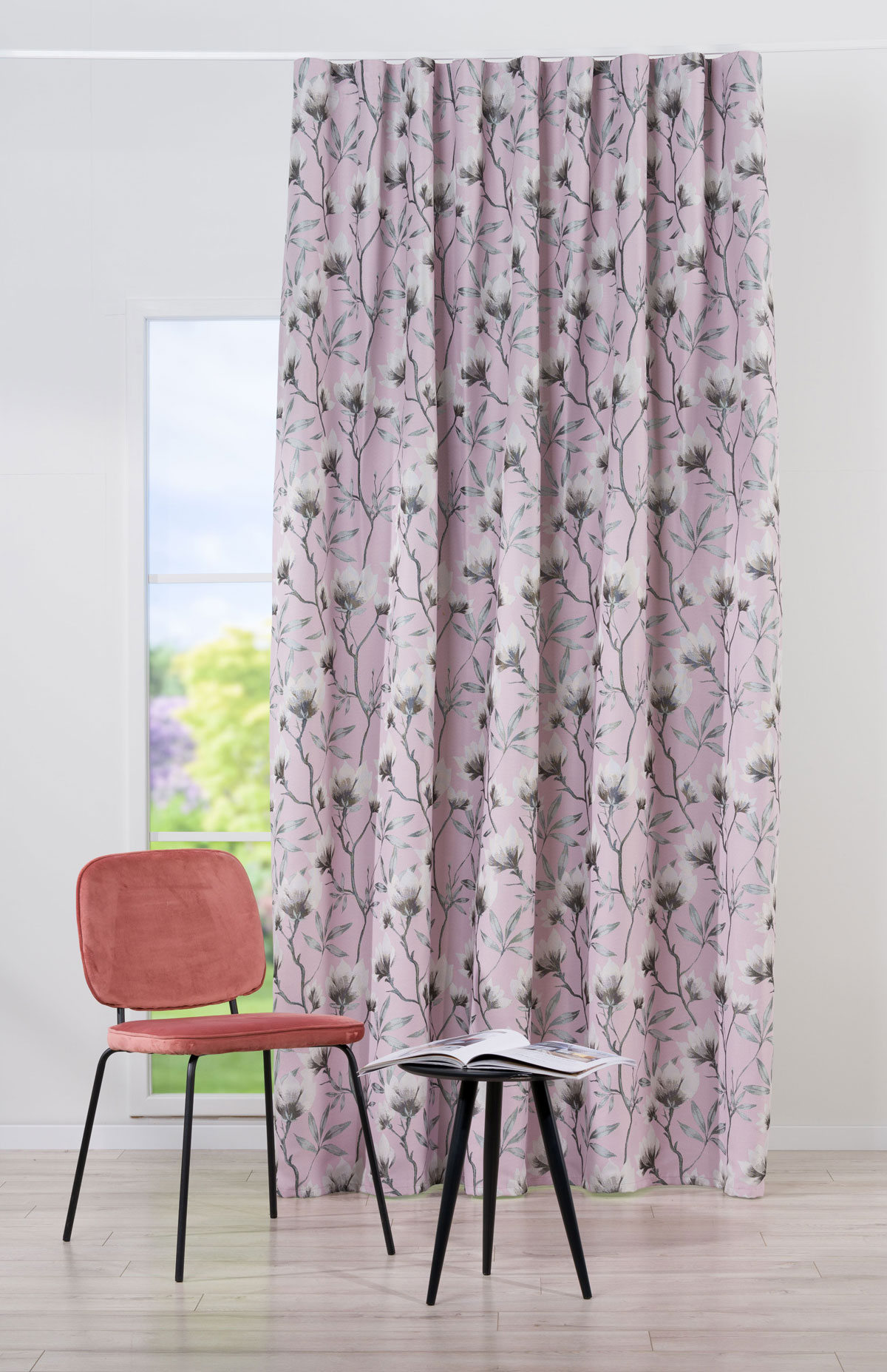 Cubano Pink colored fabric with flower pattern curtain