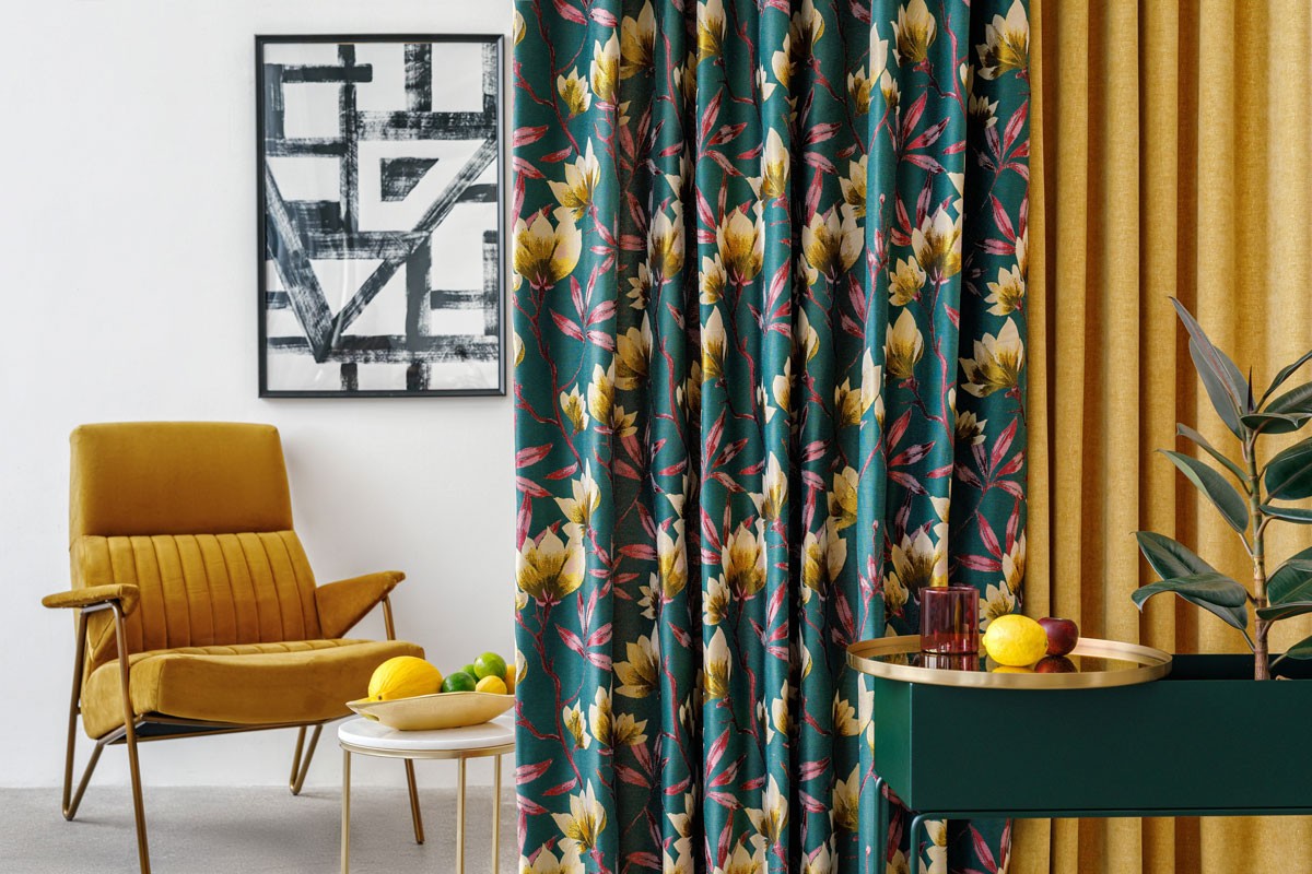 Cubano Green colored fabric with flower pattern curtain
