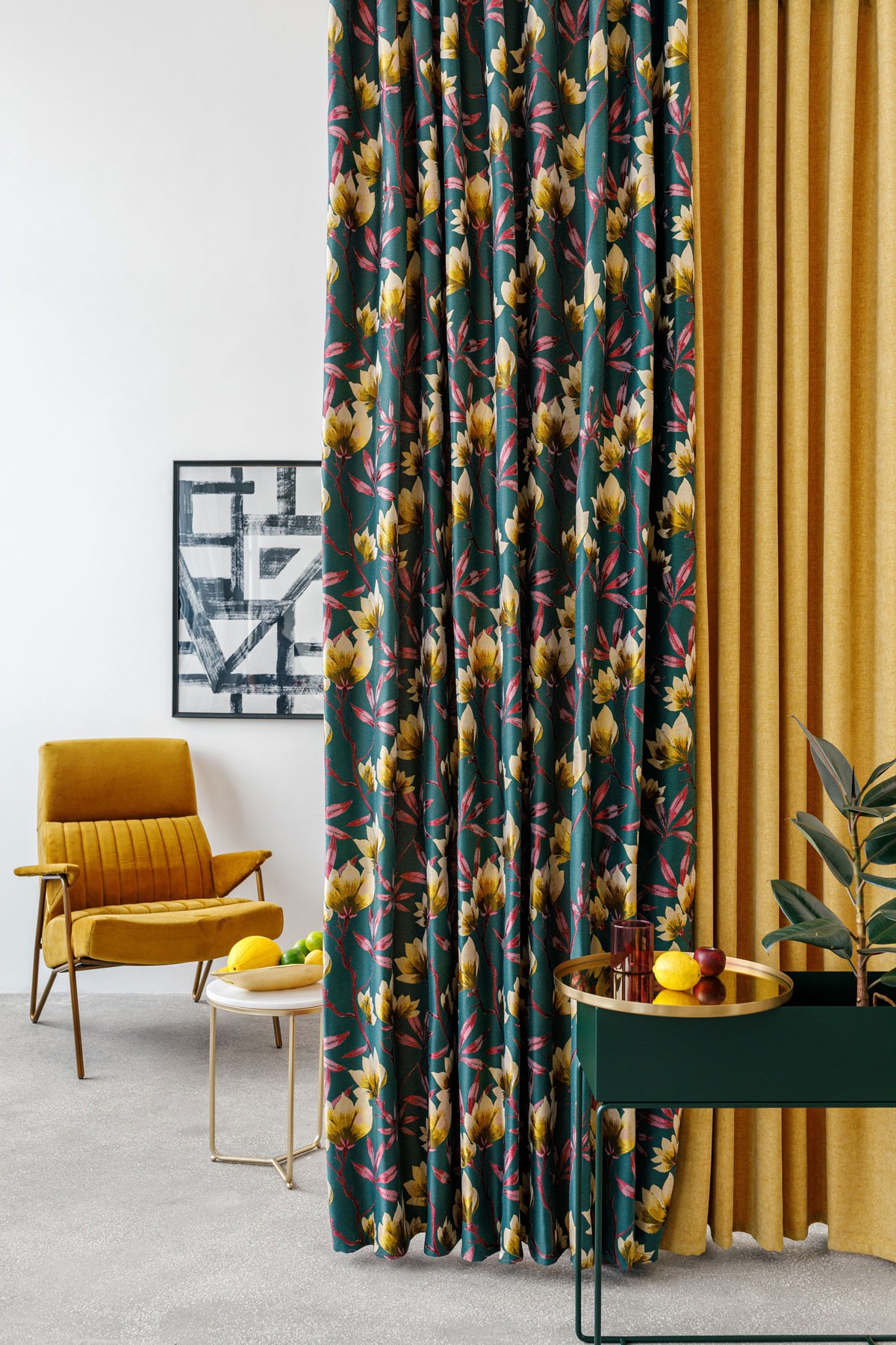 Cubano Green colored fabric with flower pattern curtain