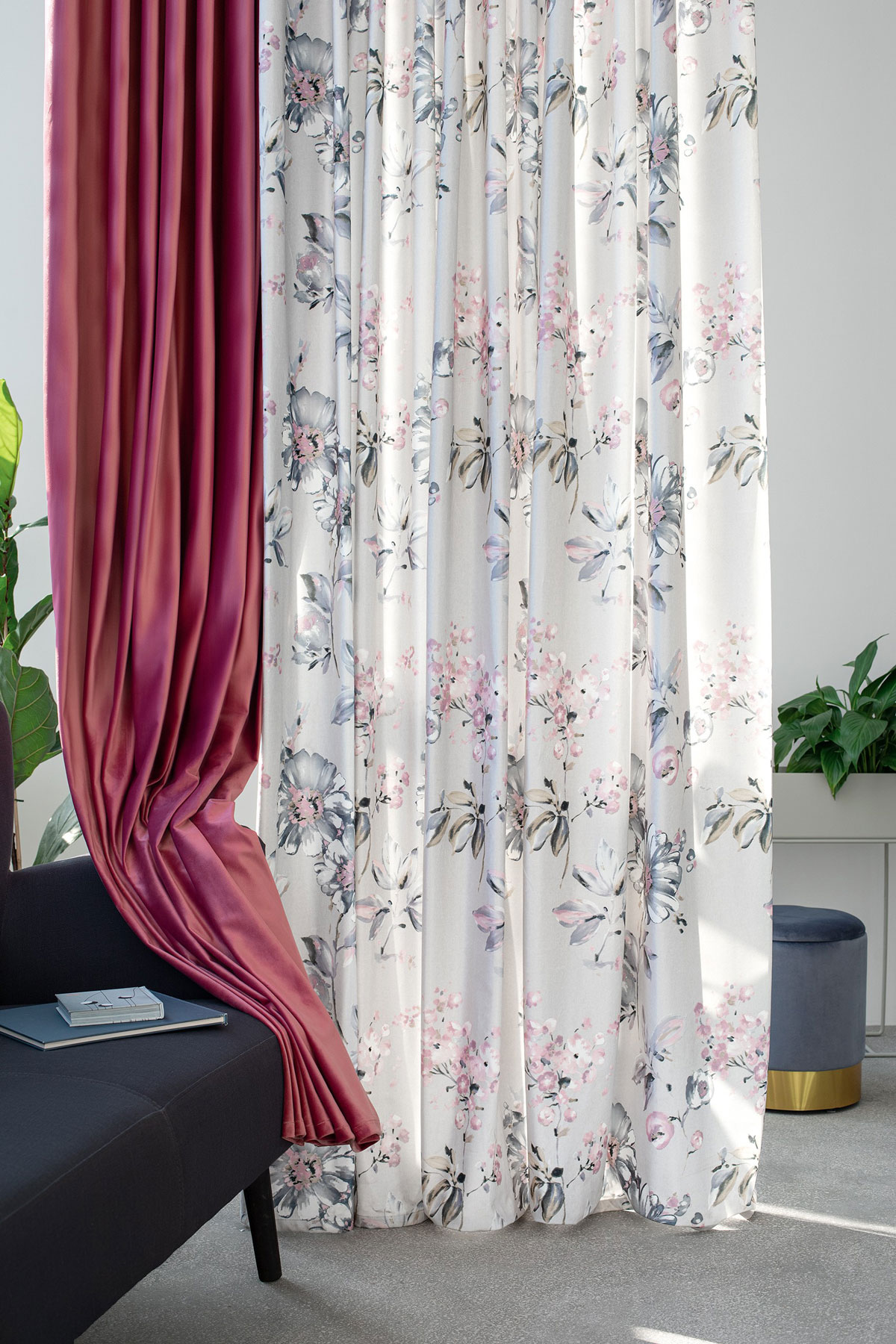 Samba pink and grey colored fabric curtain with flower pattern