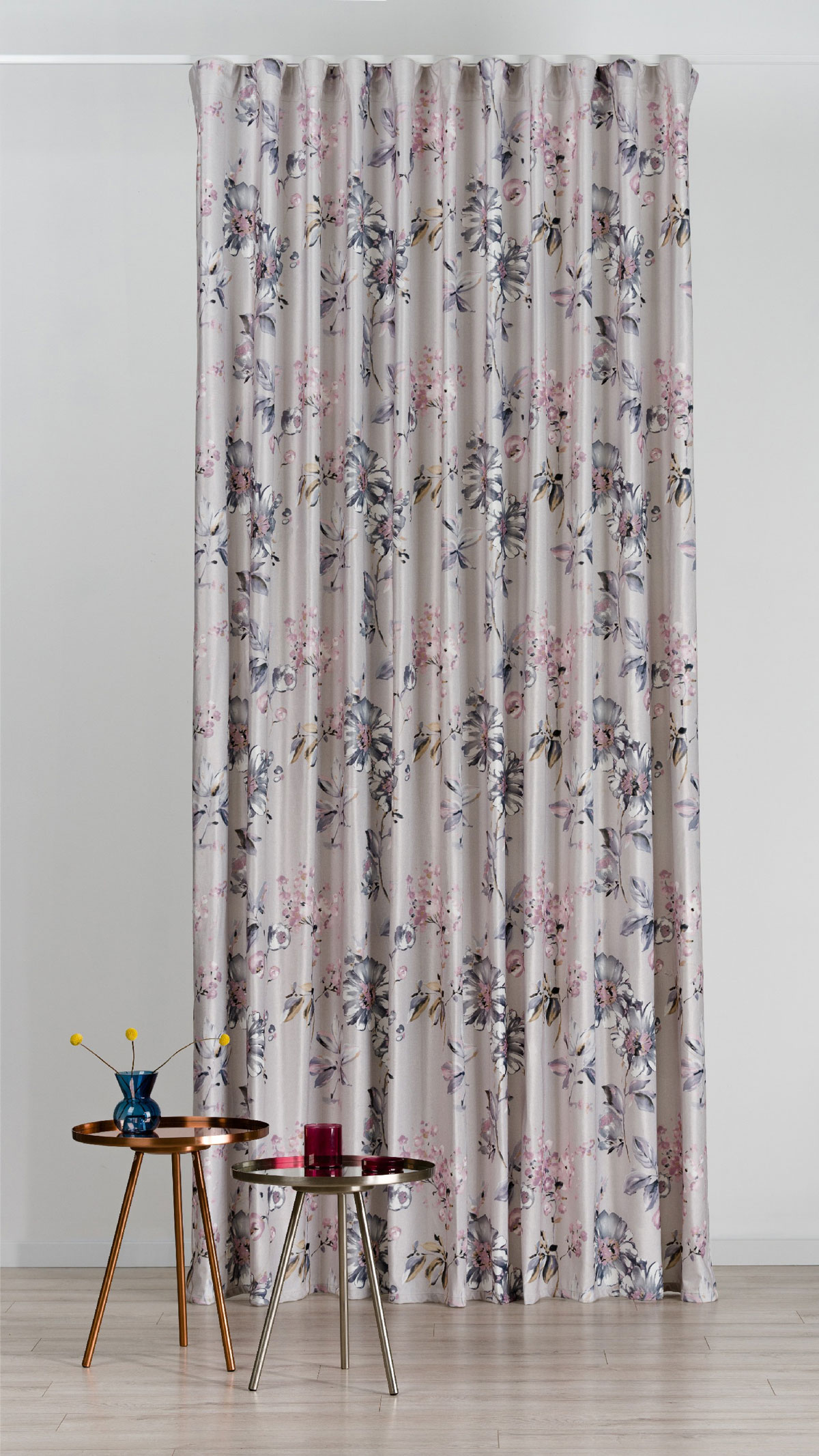 Samba pink and grey colored fabric curtain with flower pattern