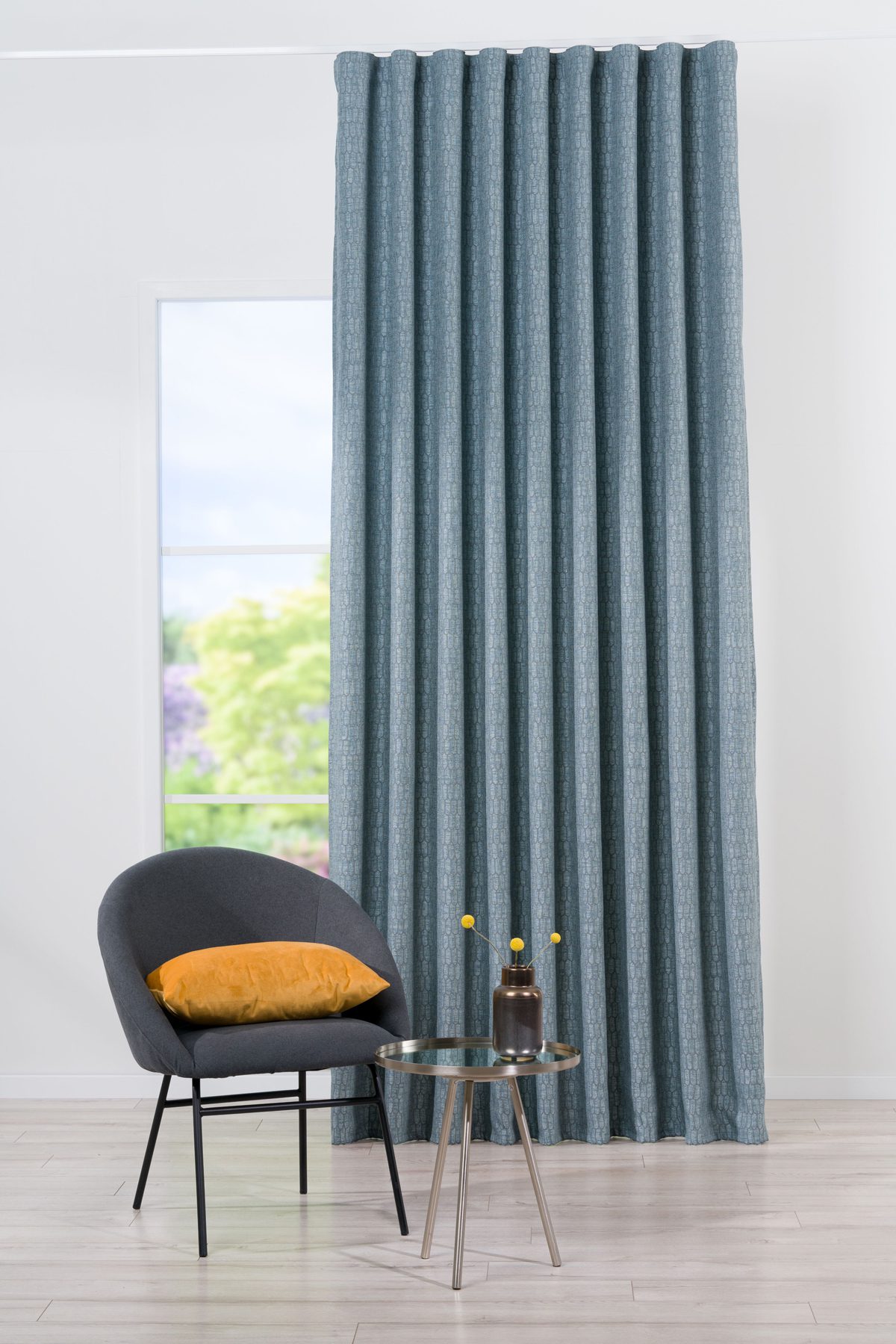 ruben blue colored material curtain