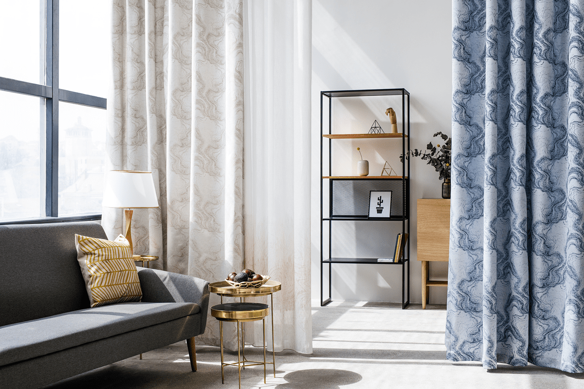 carrara blue colored material curtain