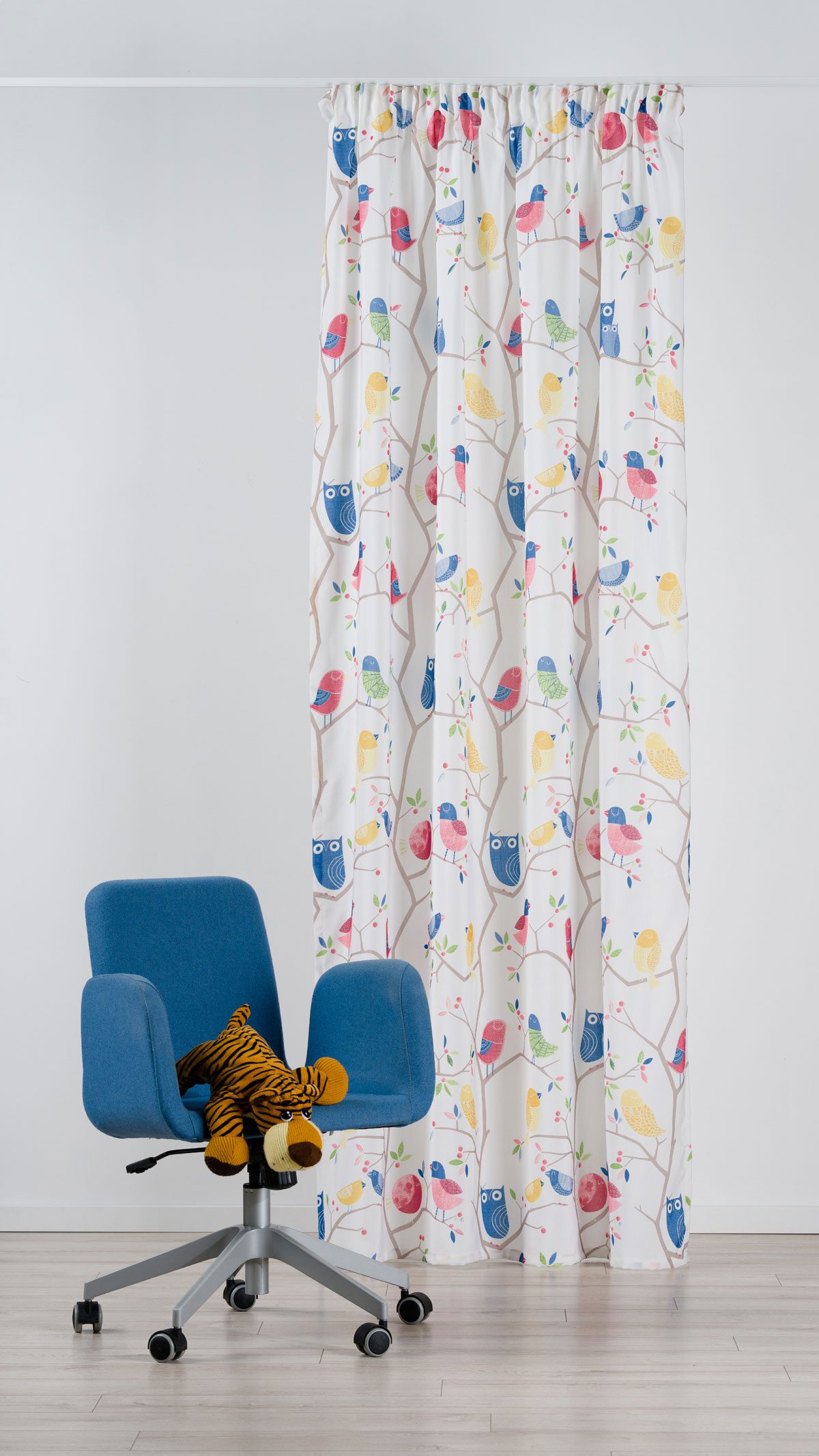 owl blue colored material curtain