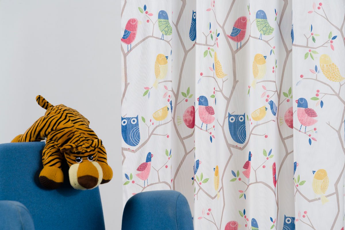 owl blue colored material curtain