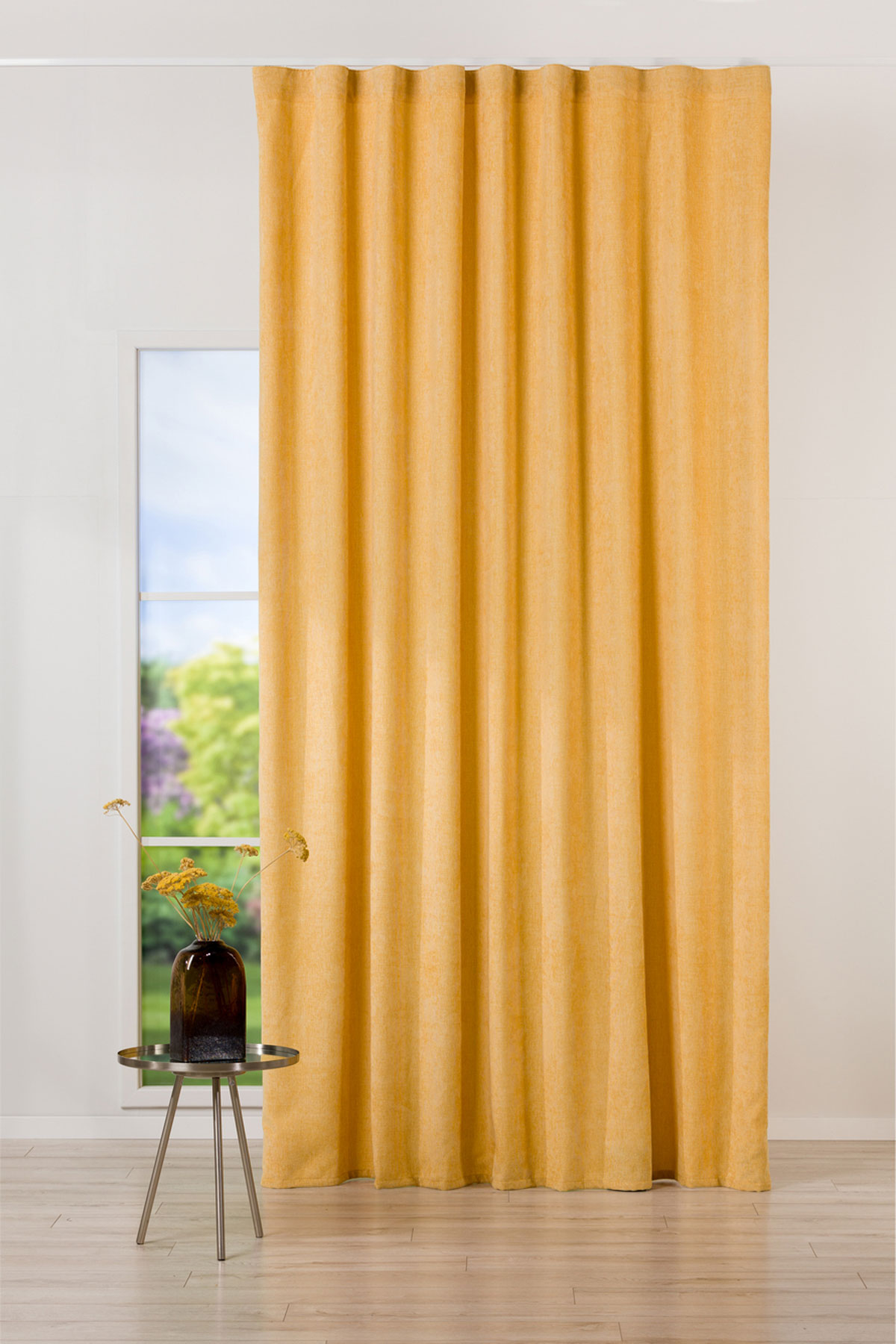 intense yellow print curtain