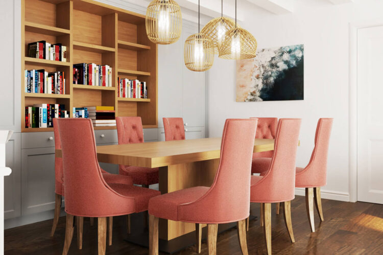 Dining room table with lights hanging on top