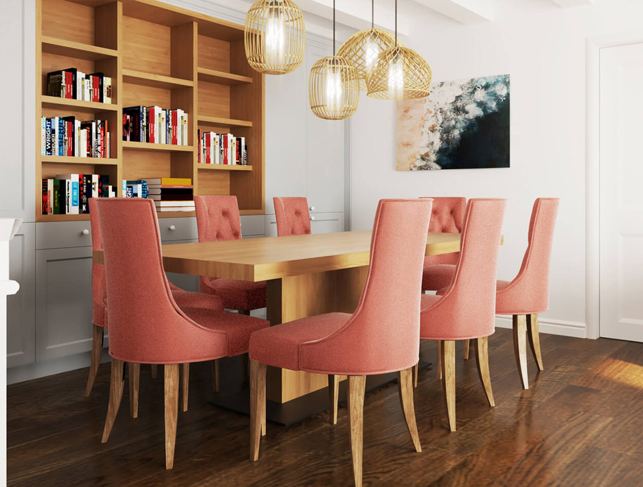 Dining room table with lights hanging on top