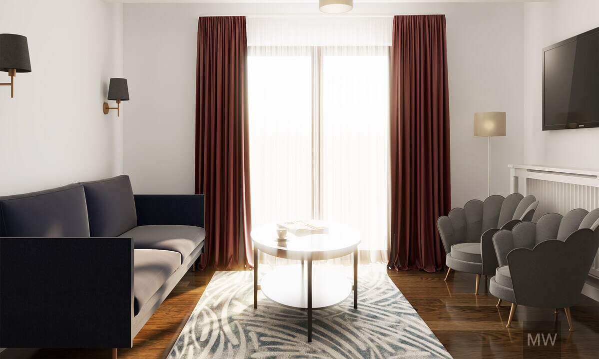 Living room in greys and pink drapes