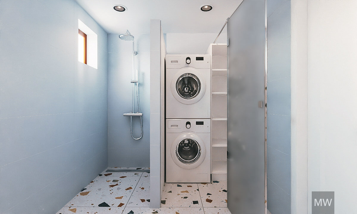 Washroom includes walk-in shower and a laundry area