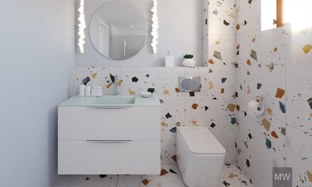 Terrazzo tiles combined with light blue in washroom remodel