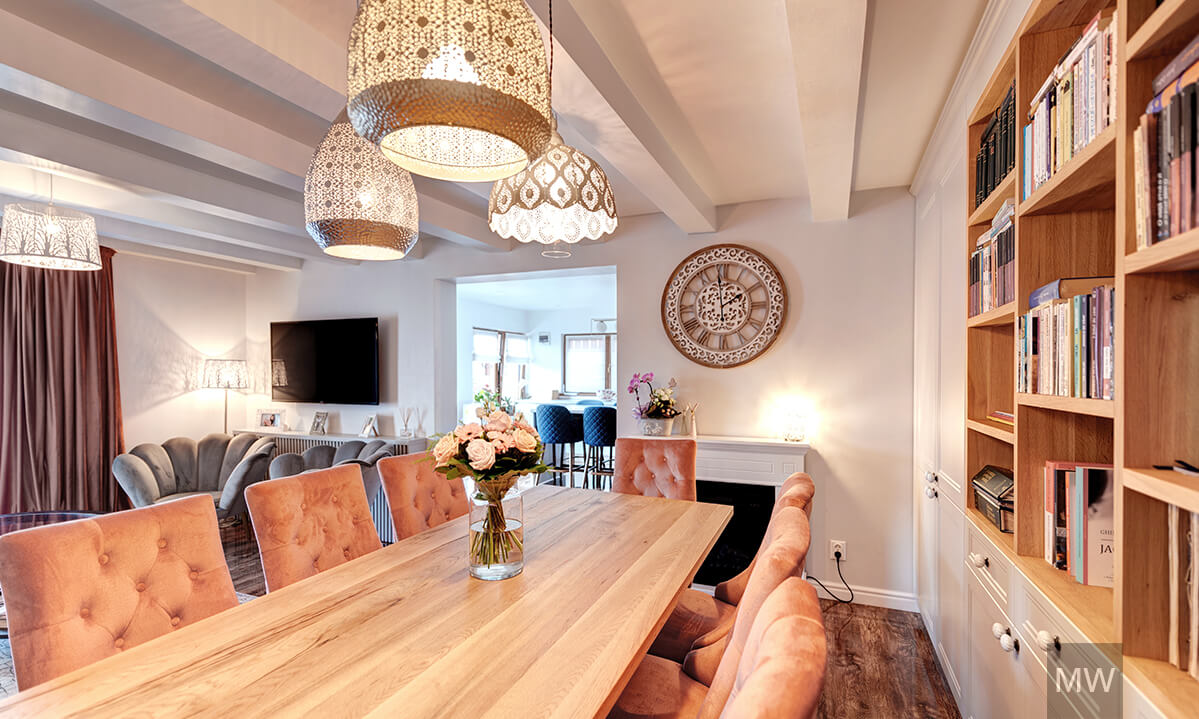 Pinks and greys in dining and living room