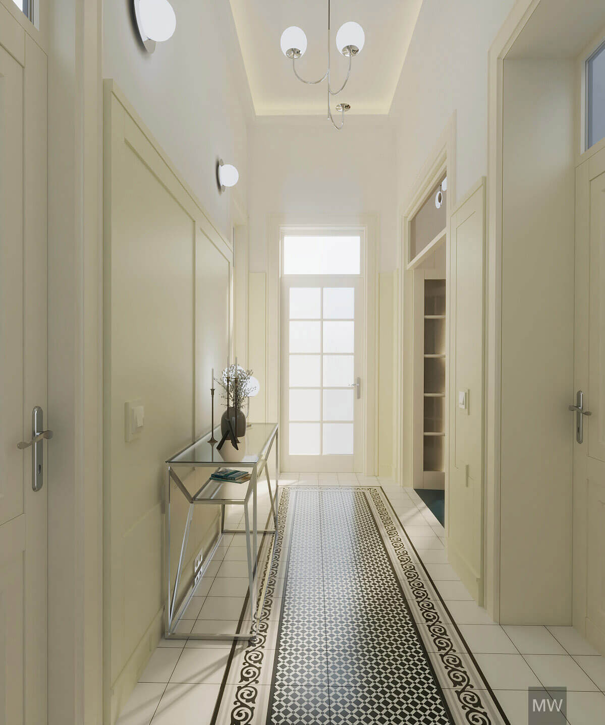 Hallway in whites to enhance lighting and classic cement tiles