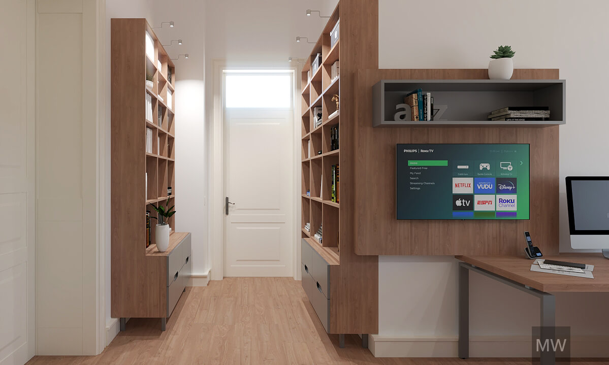 Bookshelves left and right from office entry