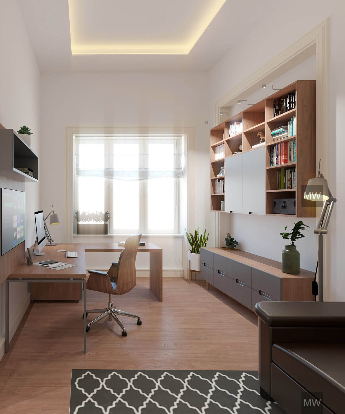 Home office with large desk in front of the window