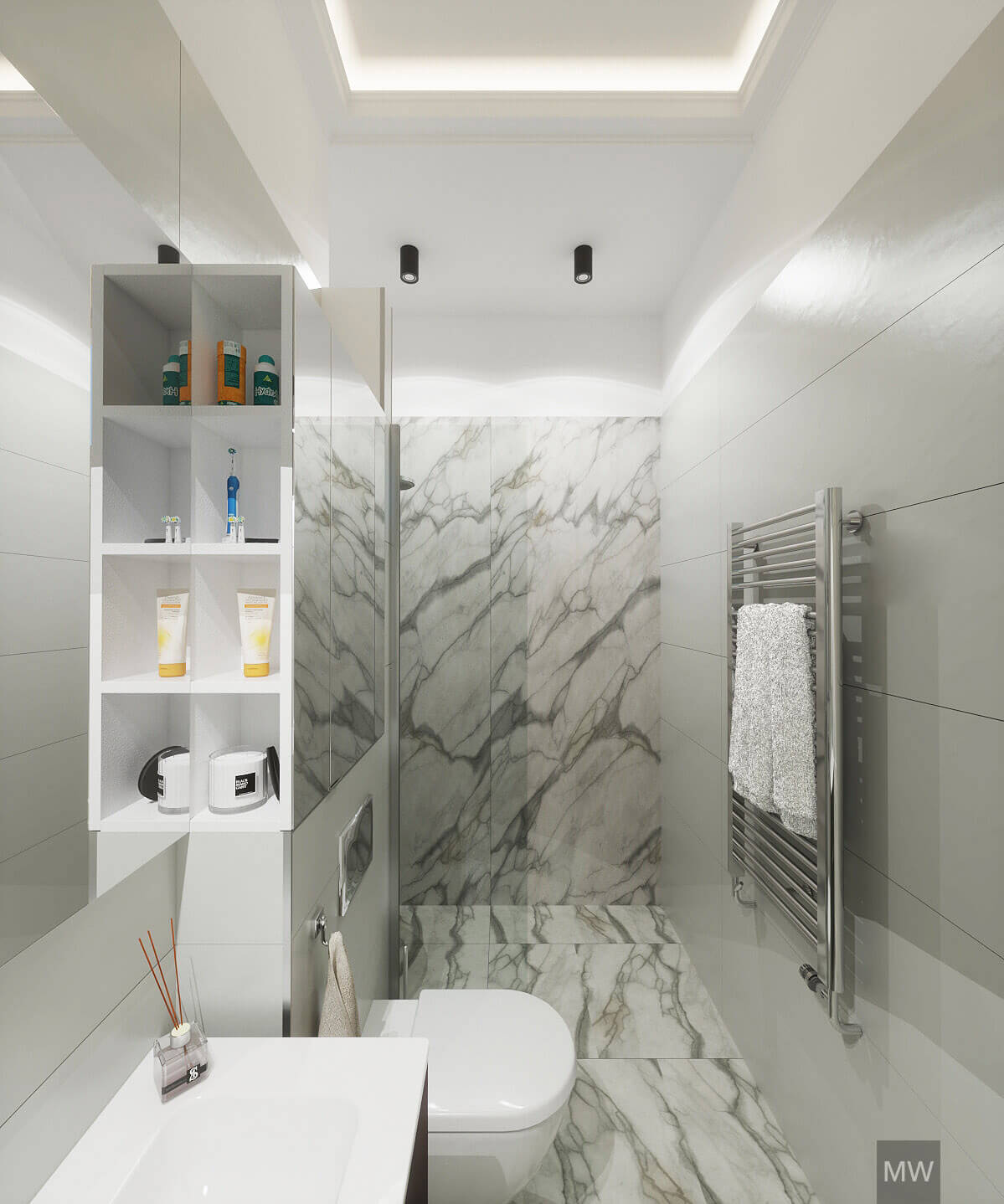 Marble tiles and neutral tones in the shower room