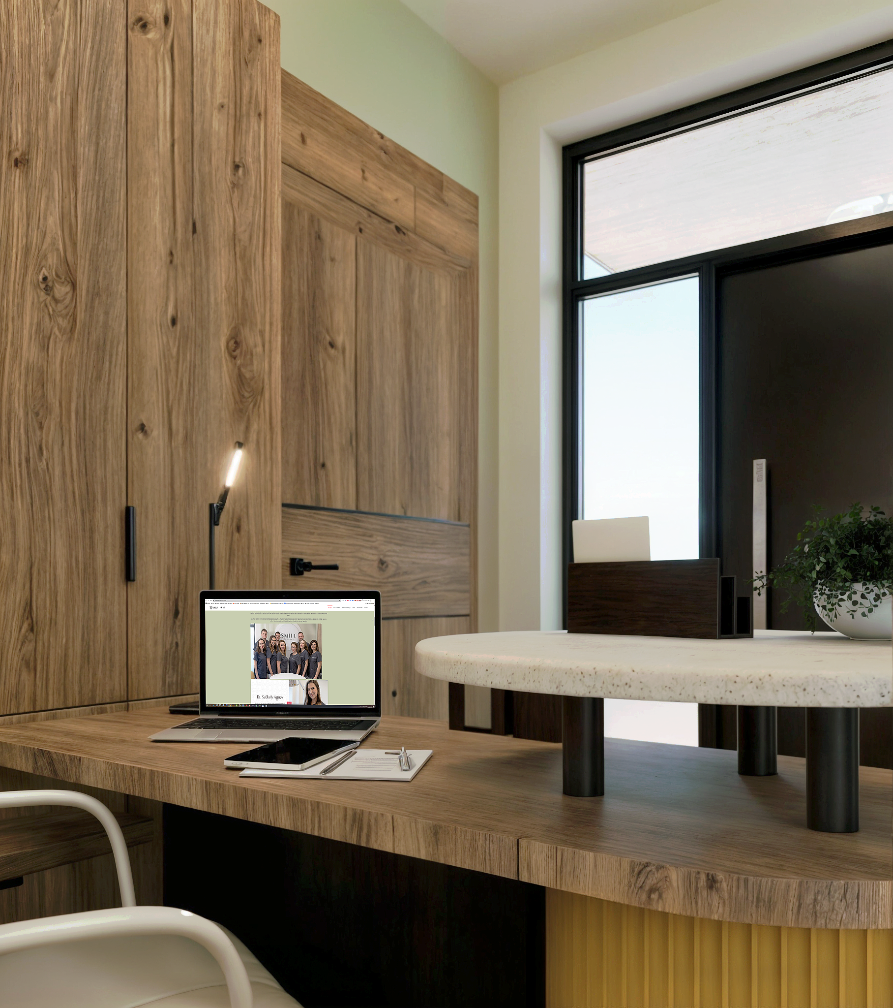 Wood finish furniture with matching interior door for the treatment room