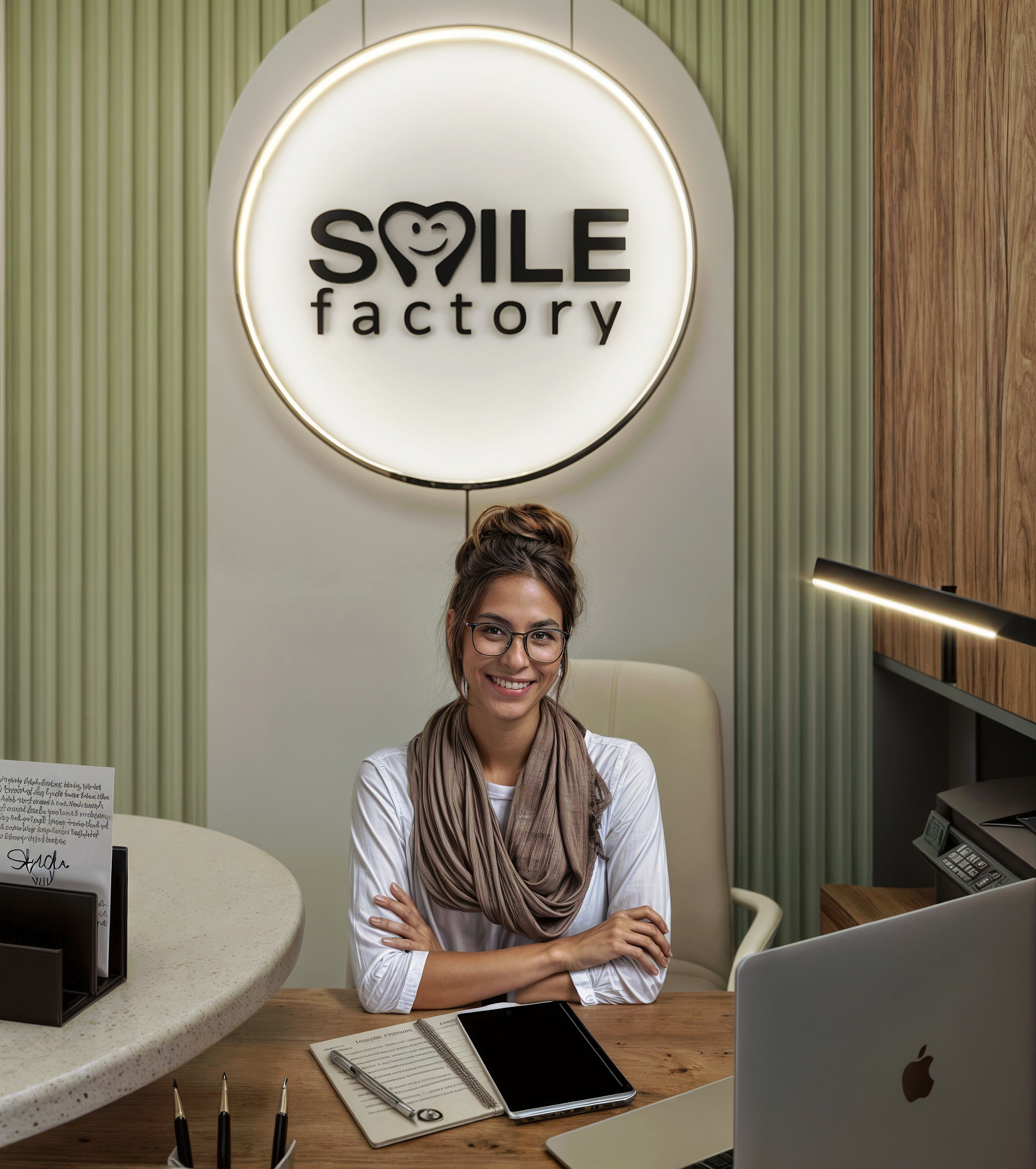 Round light fixture and custom wall paneling to emphasize the logo