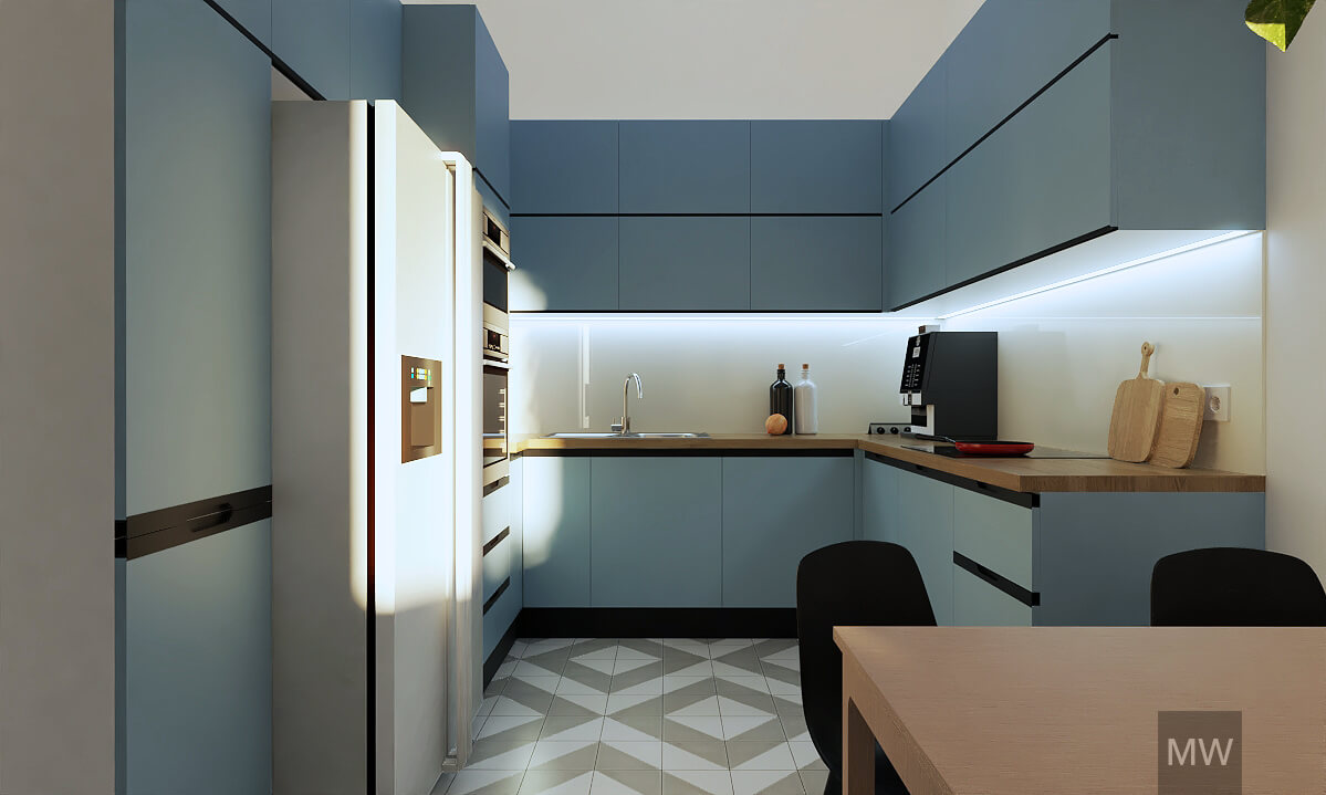 Light blue kitchen with modern pattern cement tiles