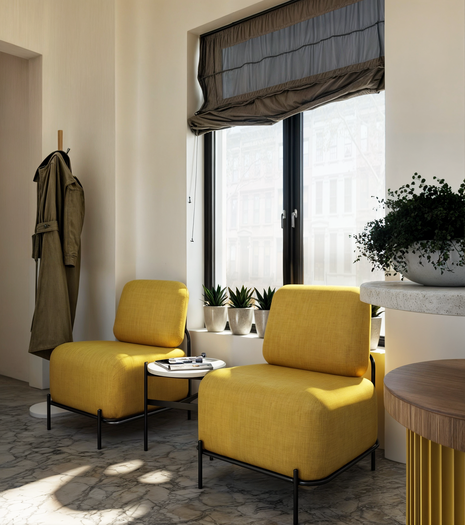 Yellow chairs in waiting area to bright up the mood