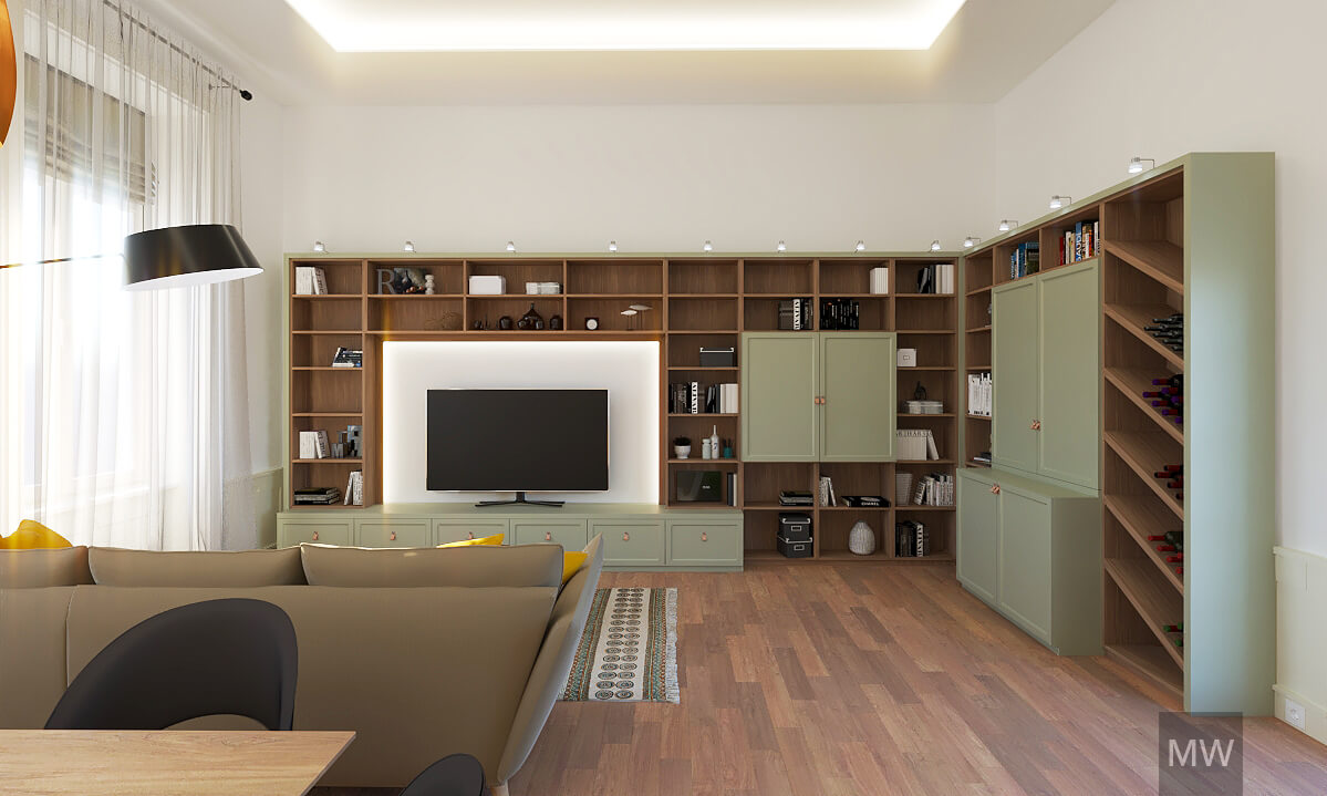 Large bookshelf wall integrating wine shelves and a hidden bar