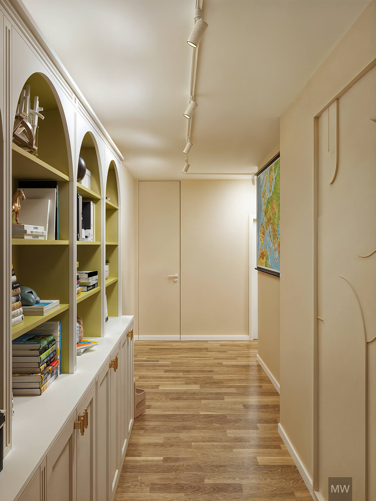 Custom bookshelves in the entrance and hidden door in the back wall Modern hallway with a blend in door on the back wall and a white bookshelf on the side.