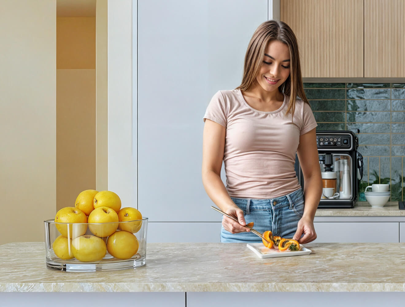 A modern kitchen with wooden cabinets and a white countertop, featuring a woman cutting a yellow fruit.