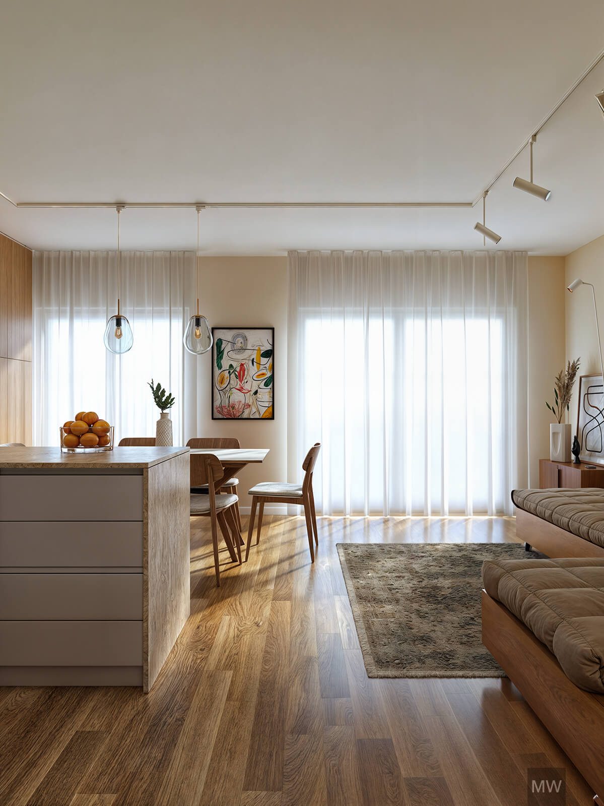Open kitchen and living room in Wedding A modern living space featuring a gray kitchen countertop with a bowl of oranges, wooden cabinets, and pendant lights. Adjacent is a dining area with a wooden table and chairs, and a cozy seating area with a beige sofa and abstract artwork above. The space is flooded with natural light from a large window with white curtains, and the wooden plank floor complements the neutral color scheme. Berlin apartment