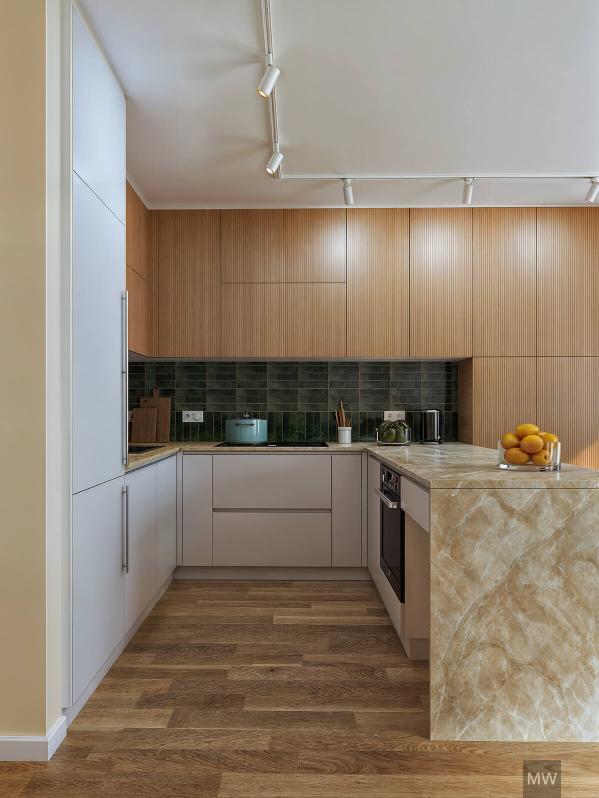 Open kitchen in Wedding Berlin with Taj Mahal worktop Modern kitchen with white cabinetry, wooden accent wall, marble countertop, green tiled backsplash, and a bowl of lemons on the countertop.
