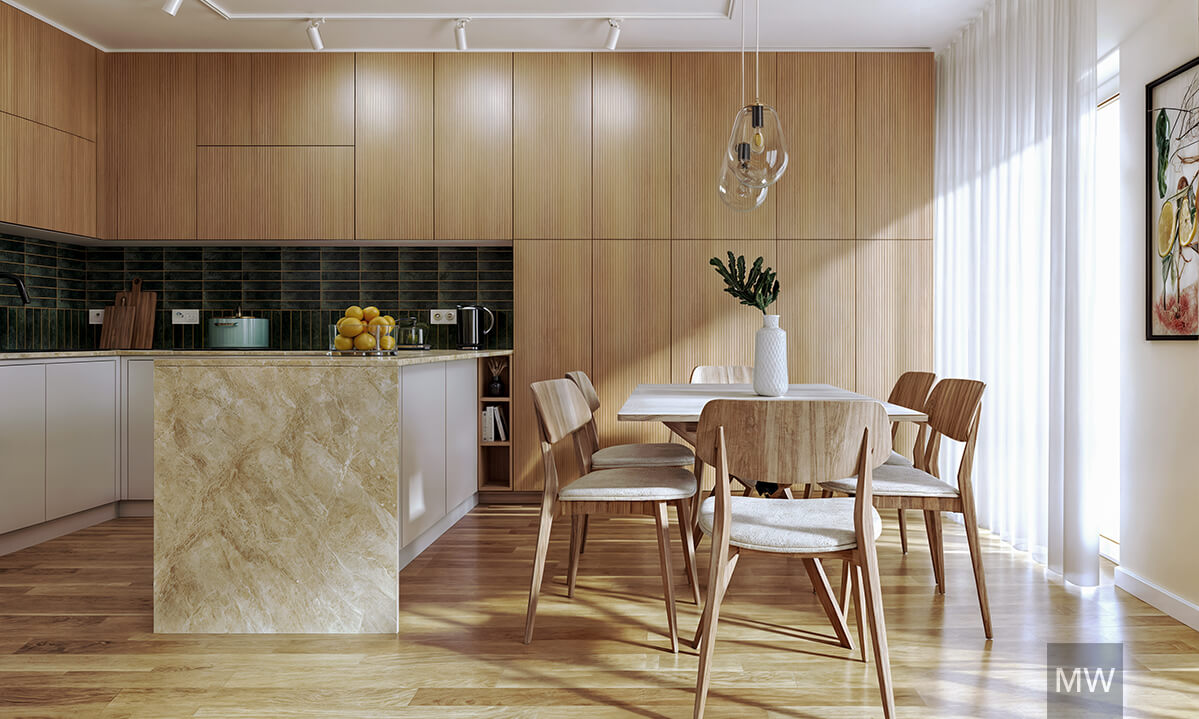 Open kitchen with marble island and light oak dining table Modern kitchen and dining area with wooden cabinets, marble countertops, green tiled backsplash, pendant lights, and a dining table with a plant vase. airbnb apartment