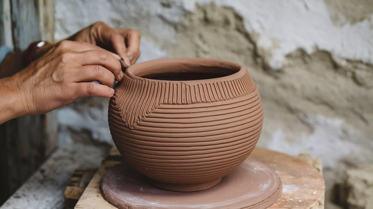 Hands Sculpting a Ribbed Clay Pot Hands sculpting a nature designed ribbed clay pot on a wooden surface with a rustic natural limewash wall in the background.