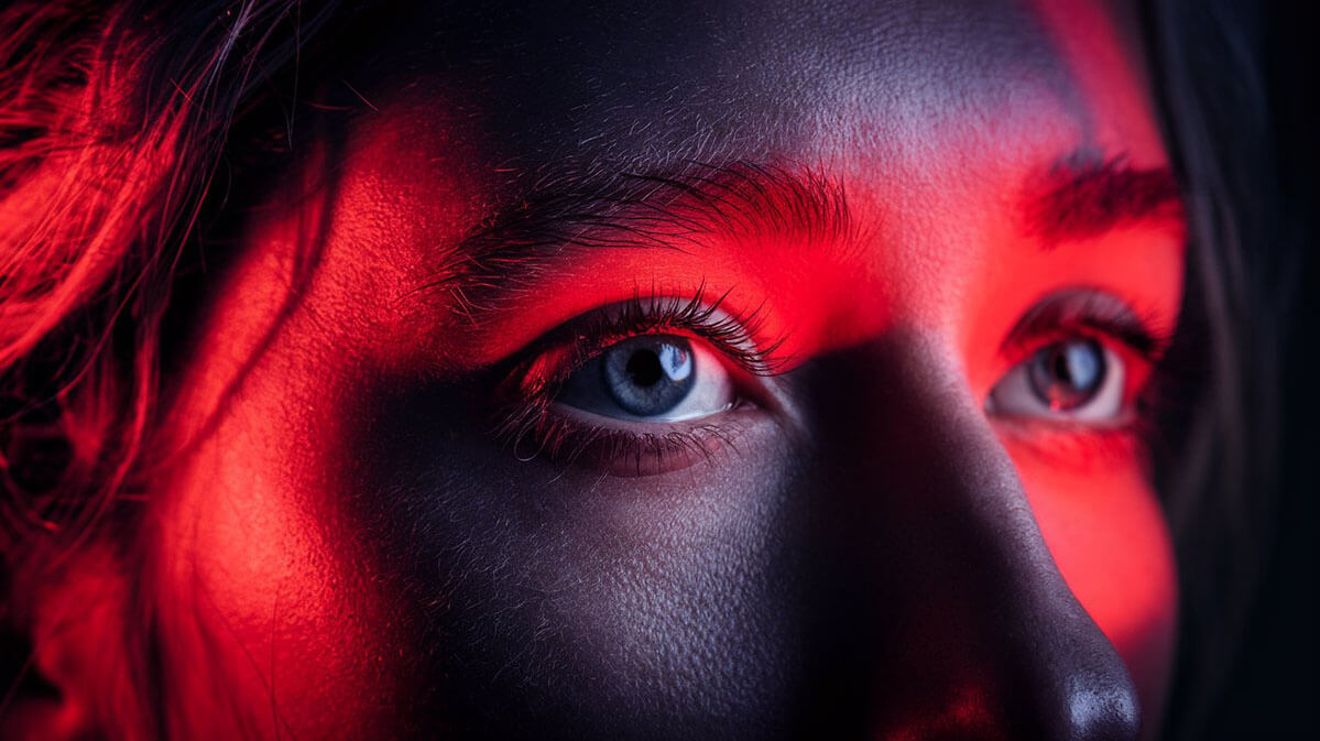 Close-up of a face with focus on an eye illuminated by a vibrant red light that creates dramatic shadows.