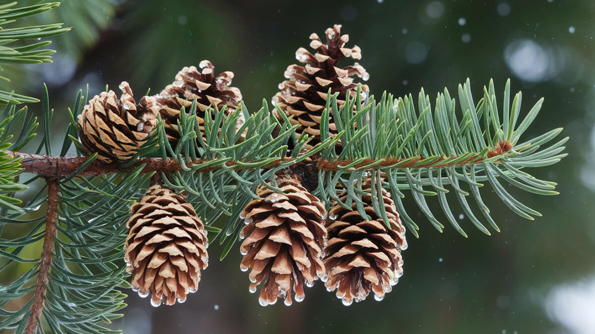 close up photograph of a pine cones on a pine tree branch Nature pine branch with cones covered with snow