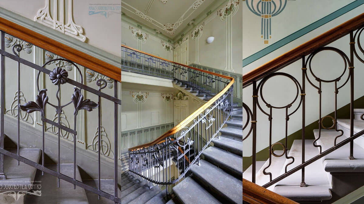 Three views of a beautiful ornate staircase with detailed wrought iron railings.